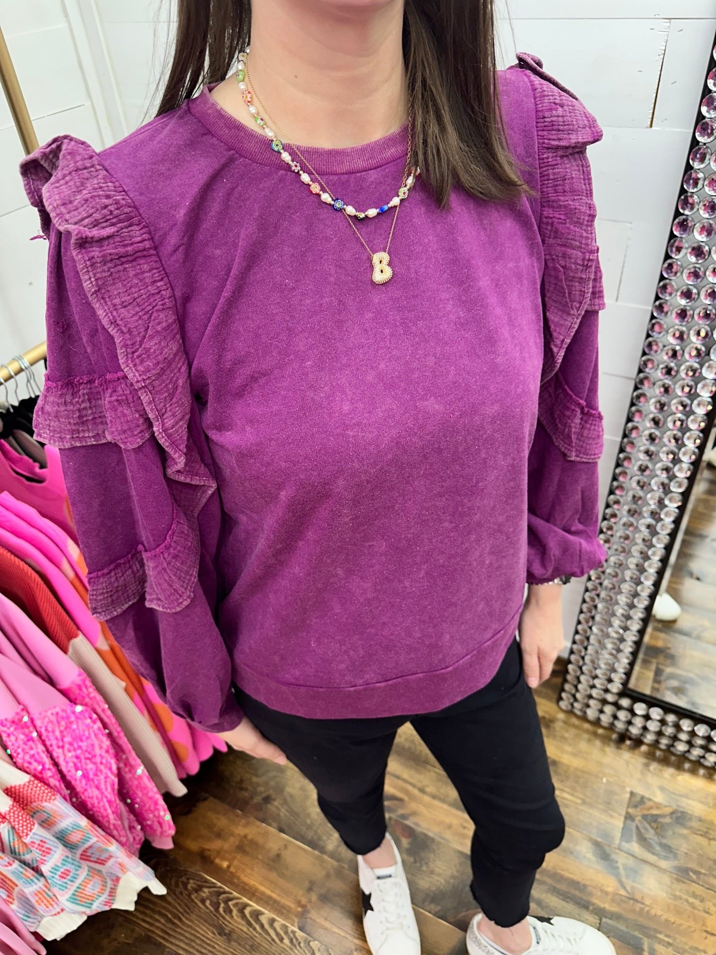 acid washed ruffle top