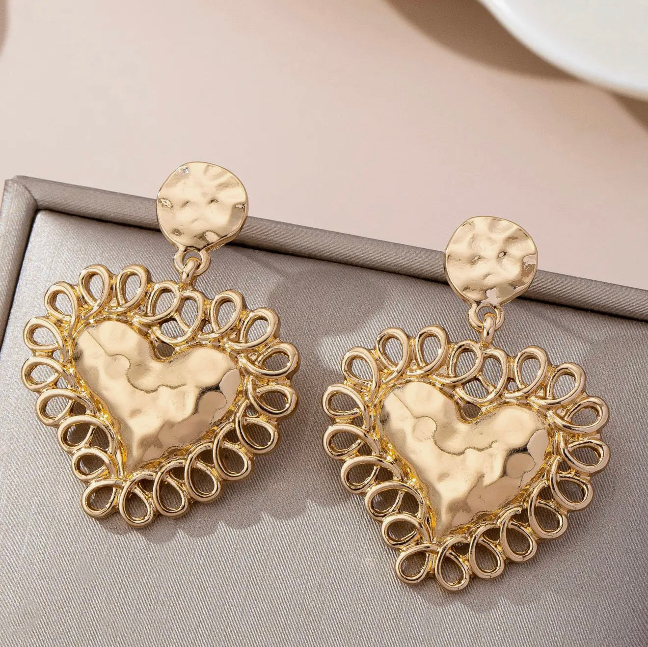 Ornate Hammered Heart Earrings