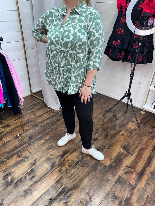 Sage Blooms babydoll button down- Plus